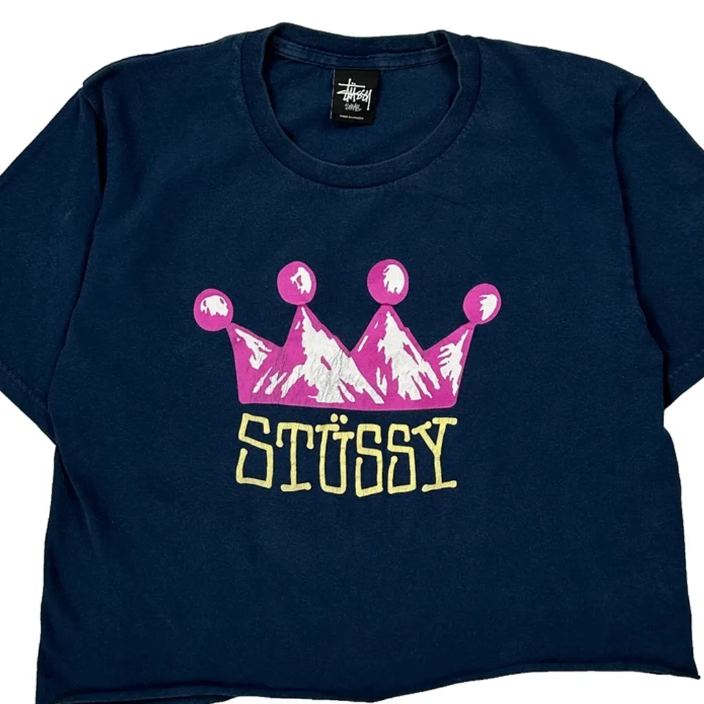 Crown Stussy Cropped T-Shirt - Small Blue Cotton - Image 5