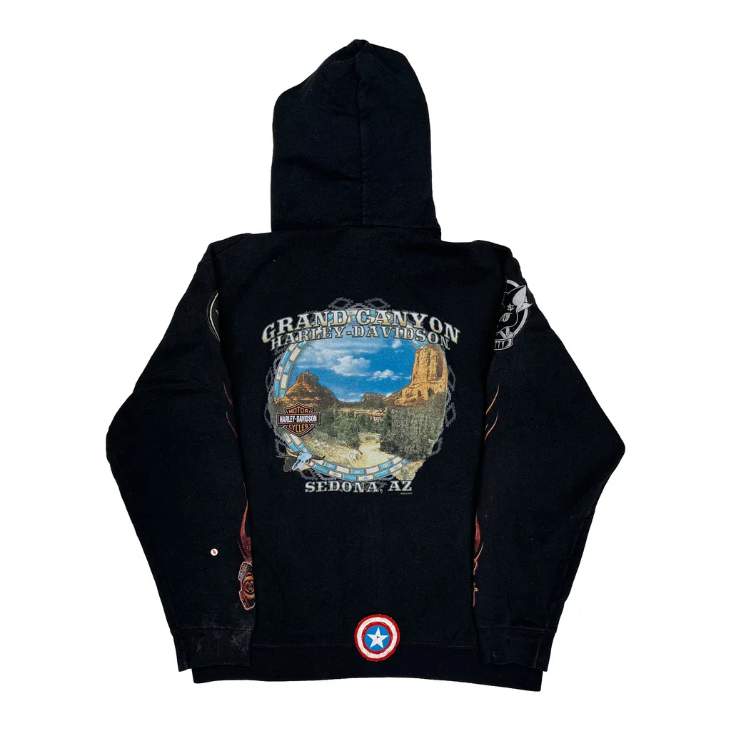 Custom Patches Grand Canyon Harley Davidson Graphic Hoodie - Large Black Cotton Blend - Image 2