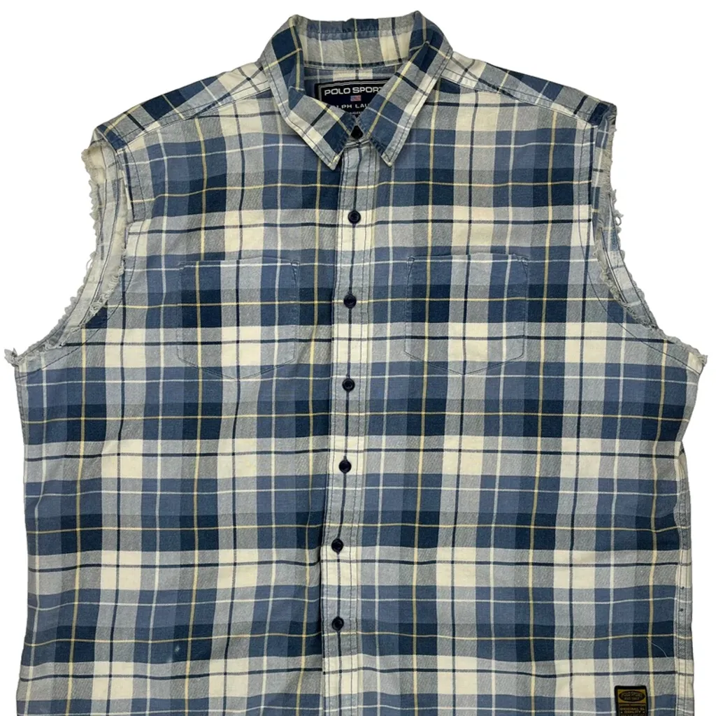 Cut Off Ralph Lauren Polo Sport Checked Flannel Shirt - XL Blue Cotton - Image 4