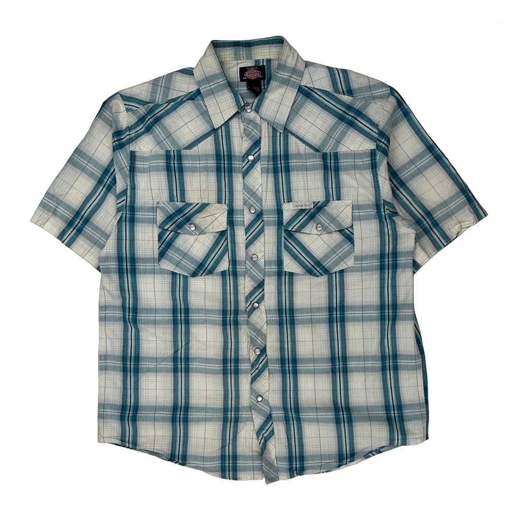 Dickies Checked Short Sleeve Shirt - Large Blue Cotton