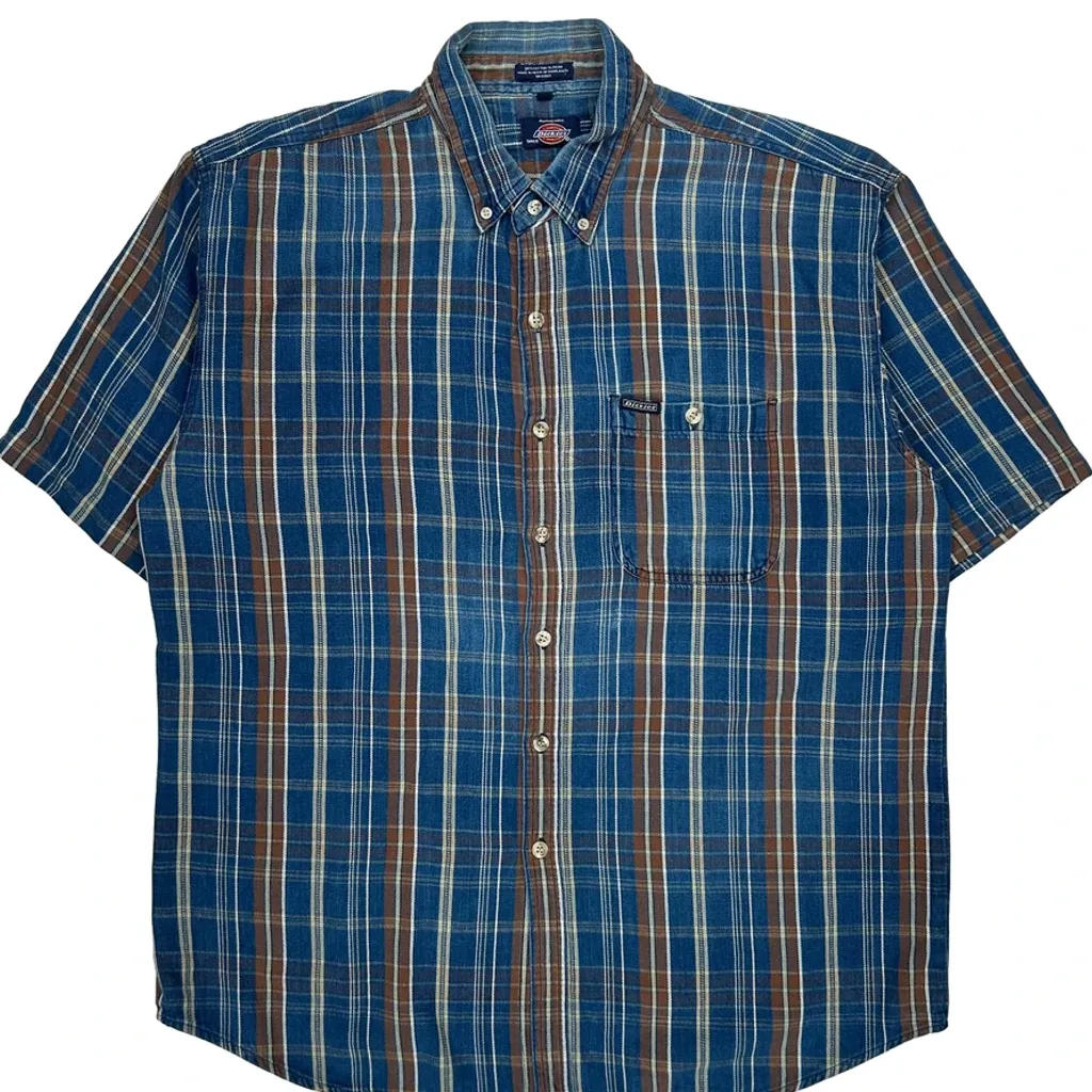 Dickies Checked Short Sleeve Shirt - XL Blue Cotton - Image 4