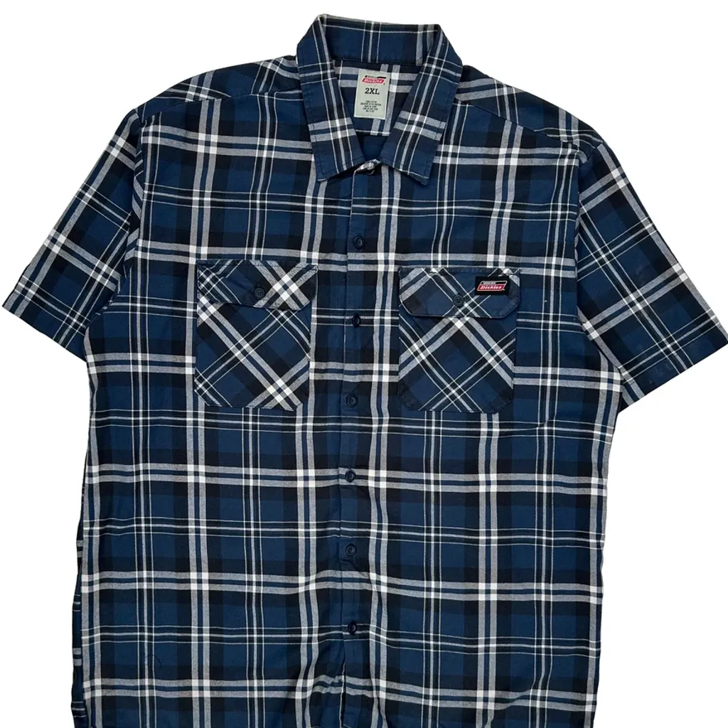 Dickies Checked Short Sleeve Shirt - 2XL Blue Cotton - Image 4