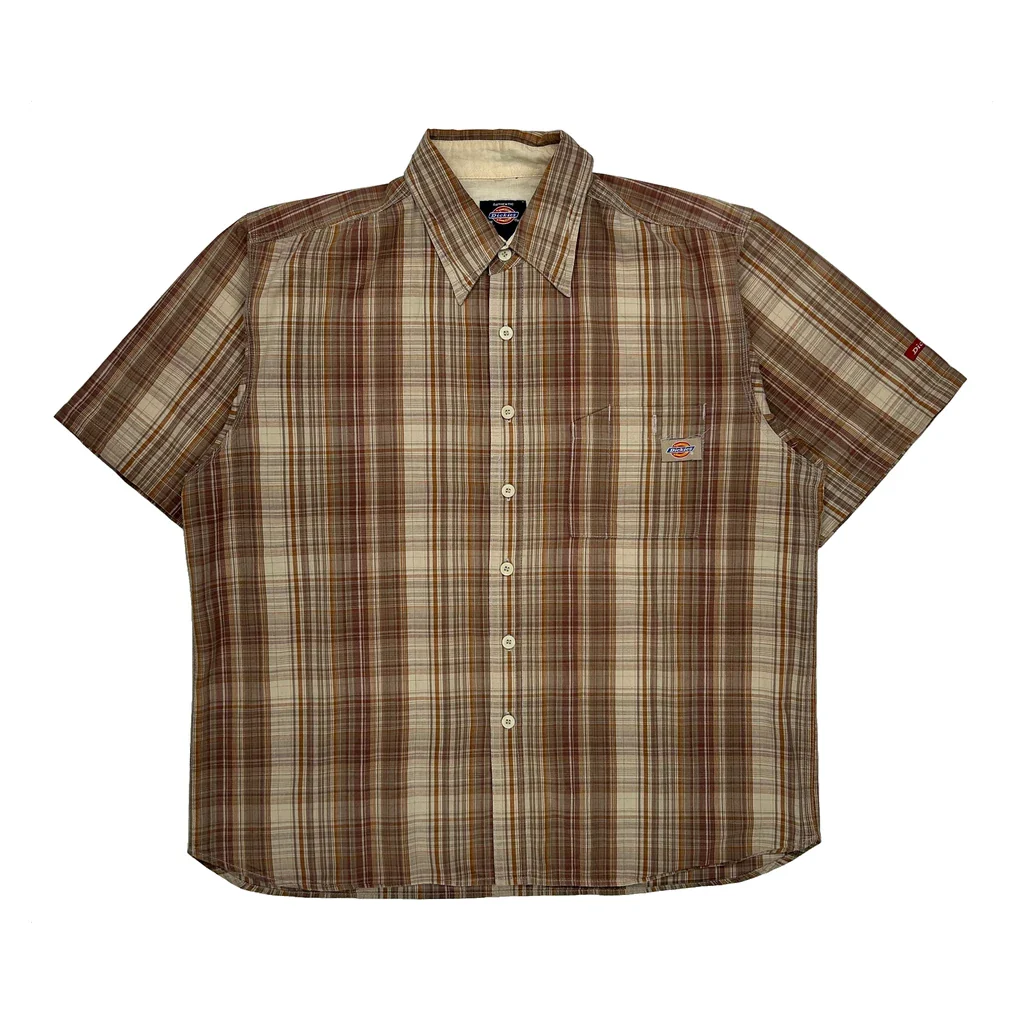 Dickies Checked Short Sleeve Shirt - Large Brown Cotton