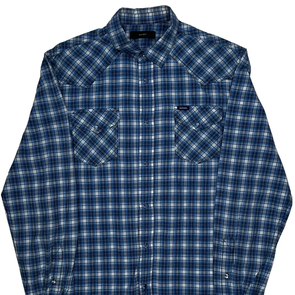 Diesel Checked Flannel Shirt - Medium Blue Cotton - Image 4