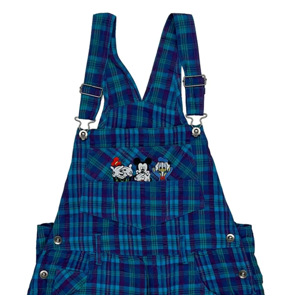 Disney Characters Embroidery Mickey Unlimited Checked Dungarees - Medium Blue Cotton - Image 7