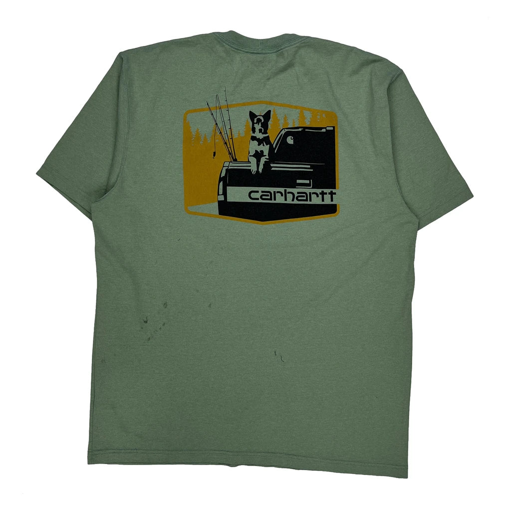 Dog And Truck Graphic Carhartt Graphic T-Shirt - Large Green Cotton - Image 2