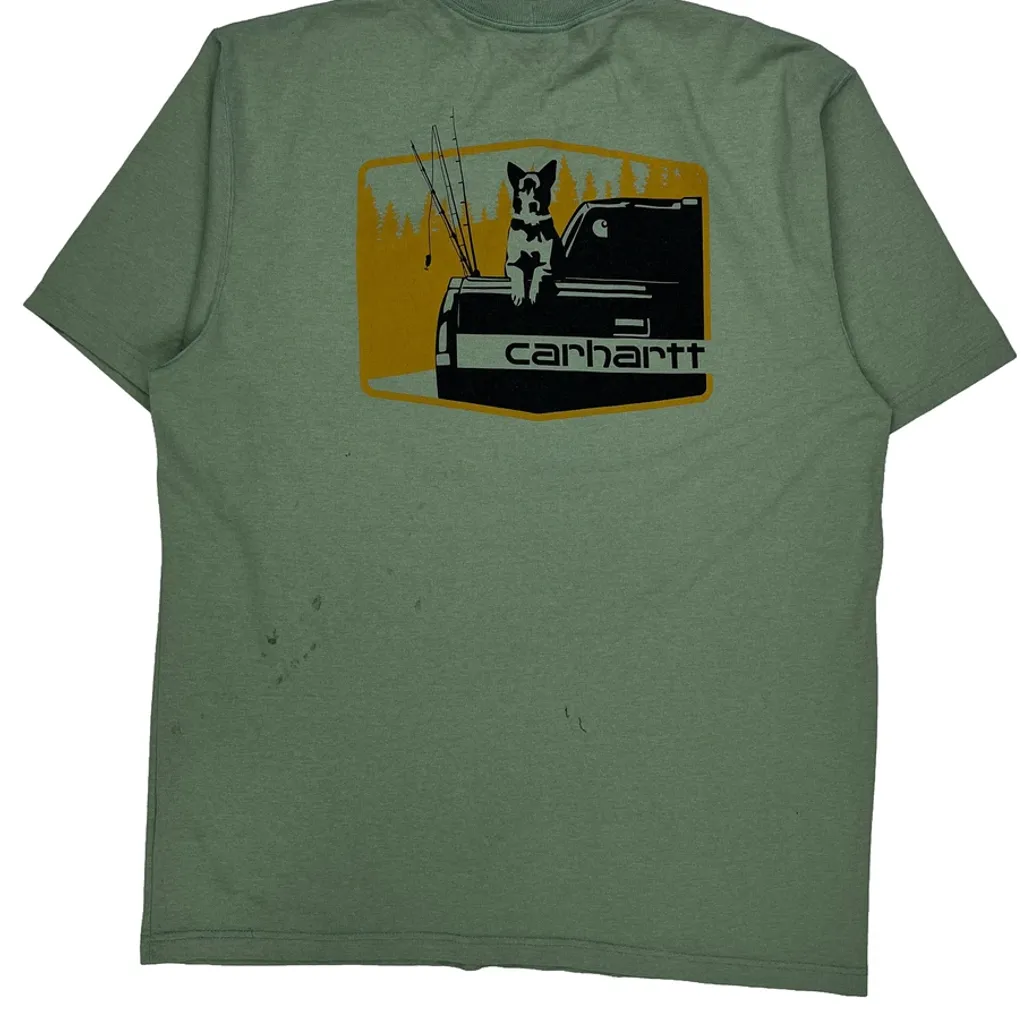 Dog And Truck Graphic Carhartt Graphic T-Shirt - Large Green Cotton - Image 6