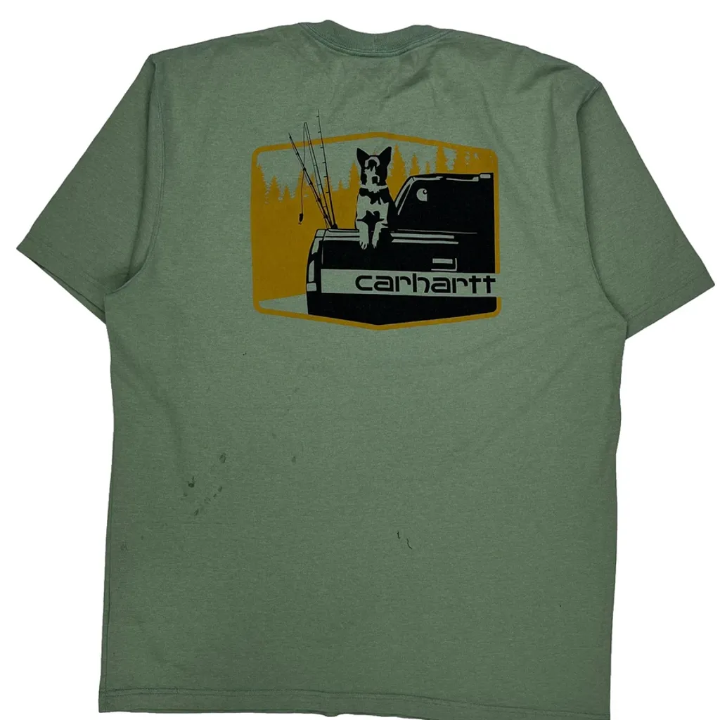 Dog And Truck Graphic Carhartt Graphic T-Shirt - Large Green Cotton - Image 7
