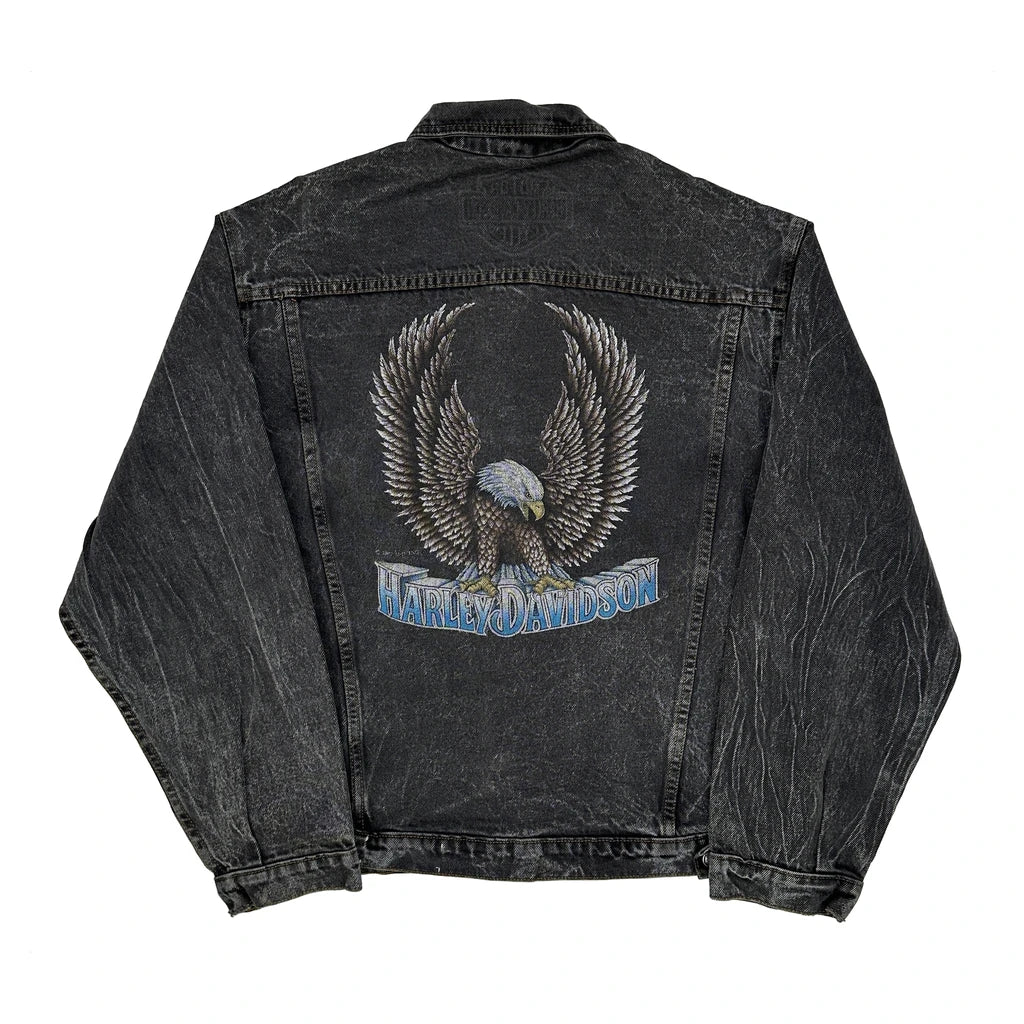 Eagle Design On Back Harley Davidson Graphic Denim Jacket - XL Black Denim - Image 2
