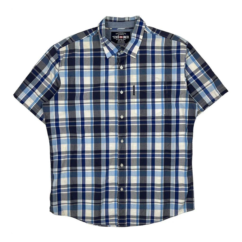 Ecko Unltd Checked Short Sleeve Shirt - XL Blue Cotton