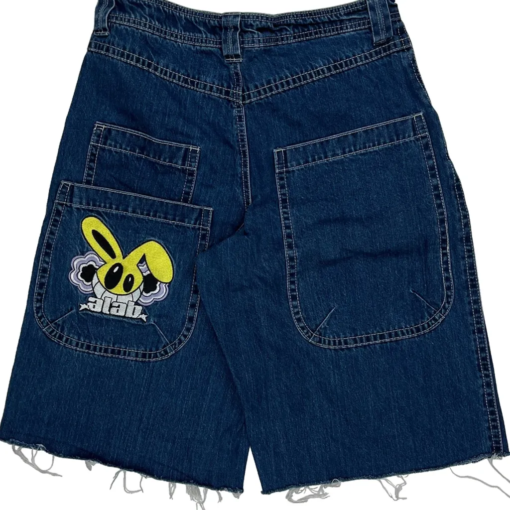 Embroidered A.Lab Mega Rave Graphic Baggy Denim Shorts - 30W 10L Blue Cotton - Image 8