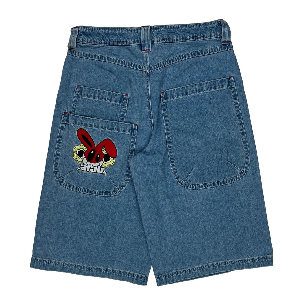 Embroidered A.Lab Mega Rave Graphic Baggy Denim Shorts - 33W 10L Blue Denim