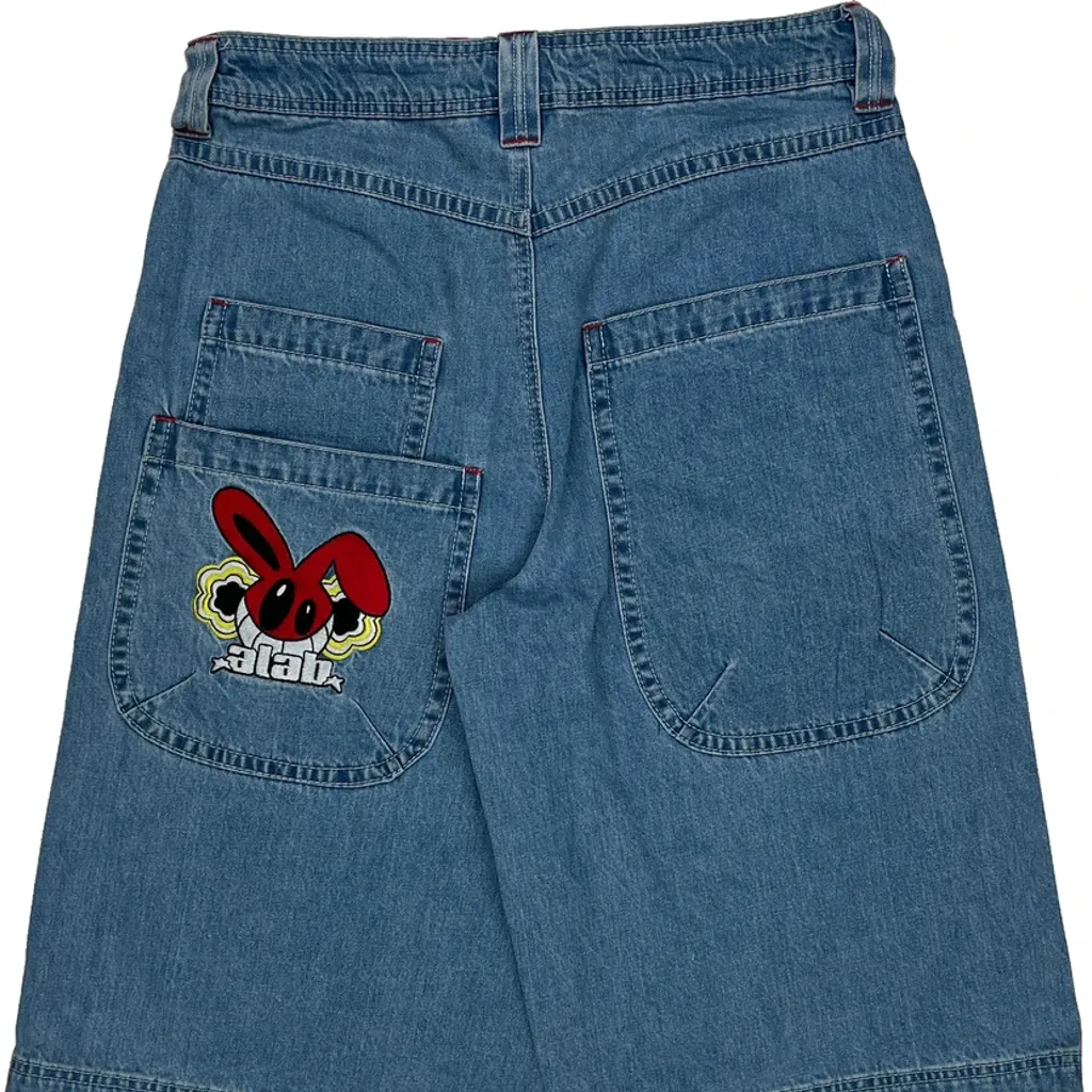 Embroidered A.Lab Mega Rave Graphic Baggy Denim Shorts - 33W 10L Blue Denim - Image 8