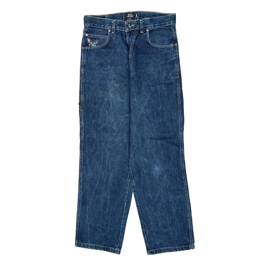 Eyes Embroidery No Fear Baggy Carpenter Jeans - 31W 31L Blue Denim - Image 2