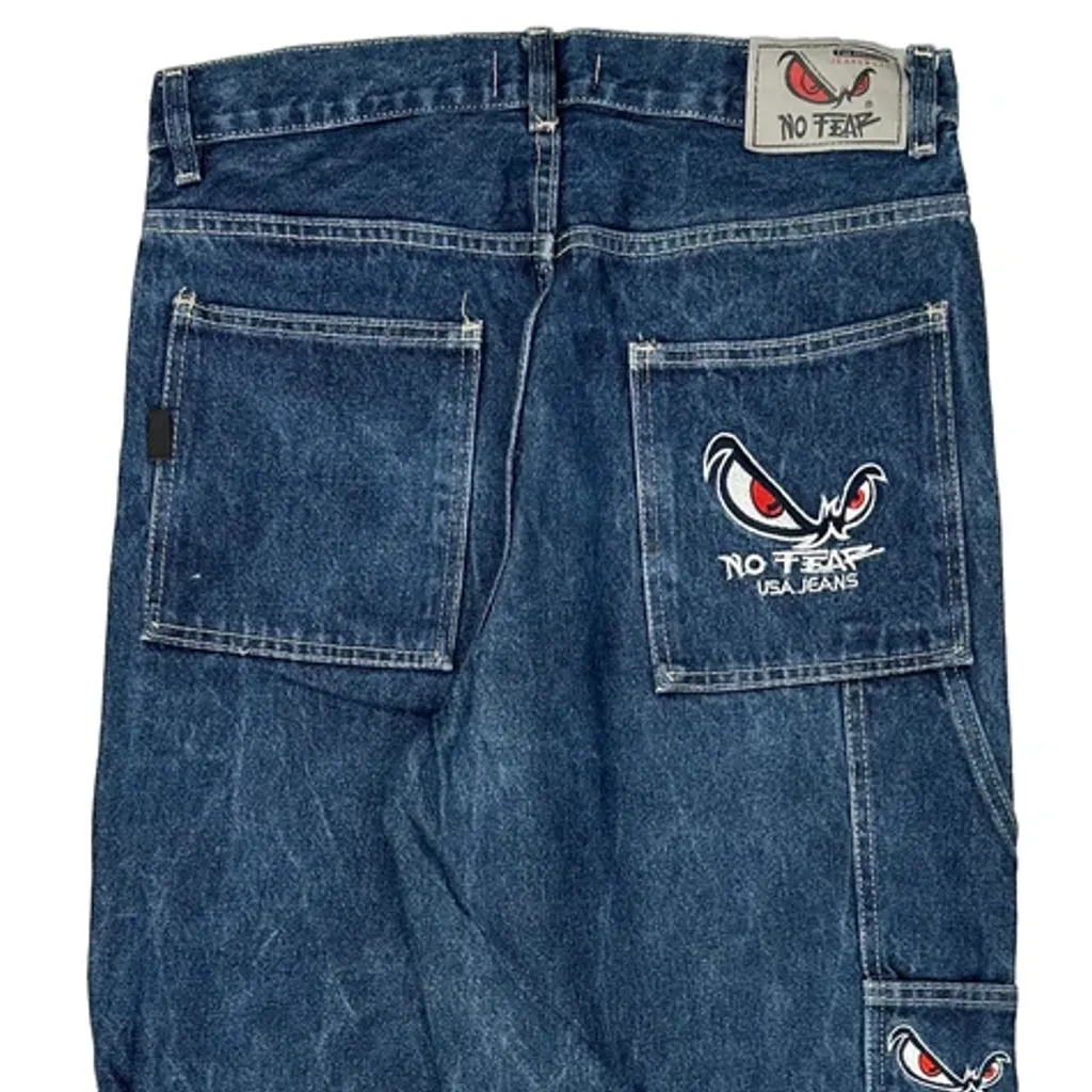Eyes Embroidery No Fear Baggy Carpenter Jeans - 31W 31L Blue Denim - Image 7