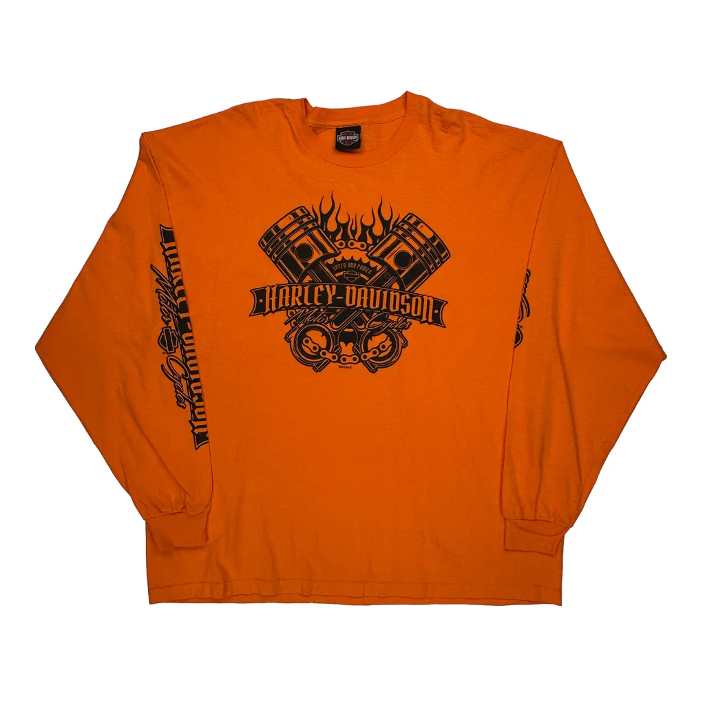Factory Customs Harley Davidson Graphic Long Sleeve T-Shirt - 3XL Orange Cotton