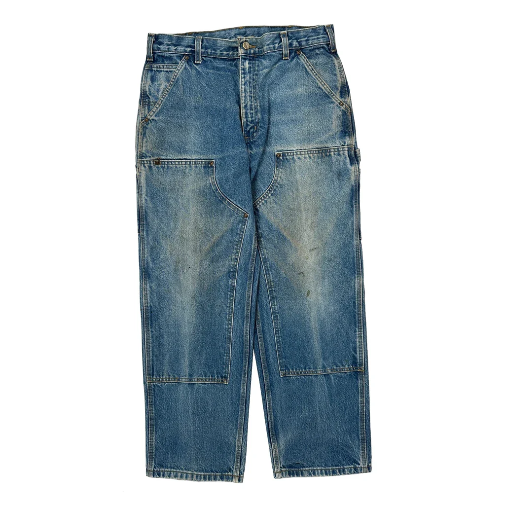 Faded Carhartt Double Knee Carpenter Jeans - 33W 30L Blue Denim - Image 2