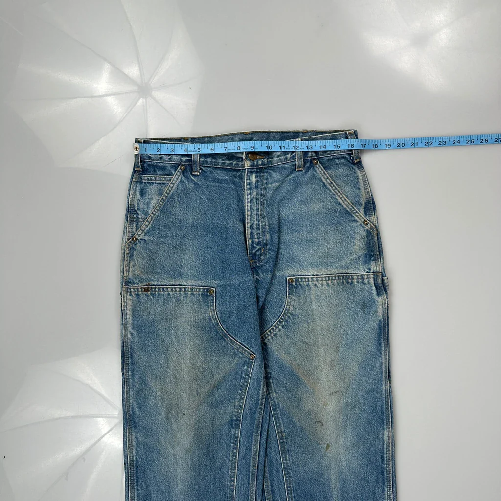 Faded Carhartt Double Knee Carpenter Jeans - 33W 30L Blue Denim - Image 3