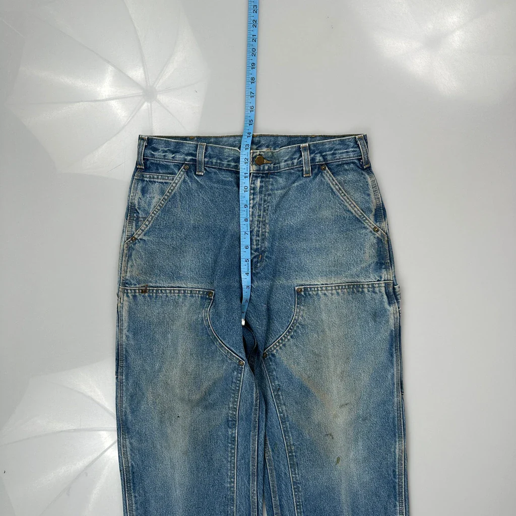 Faded Carhartt Double Knee Carpenter Jeans - 33W 30L Blue Denim - Image 4