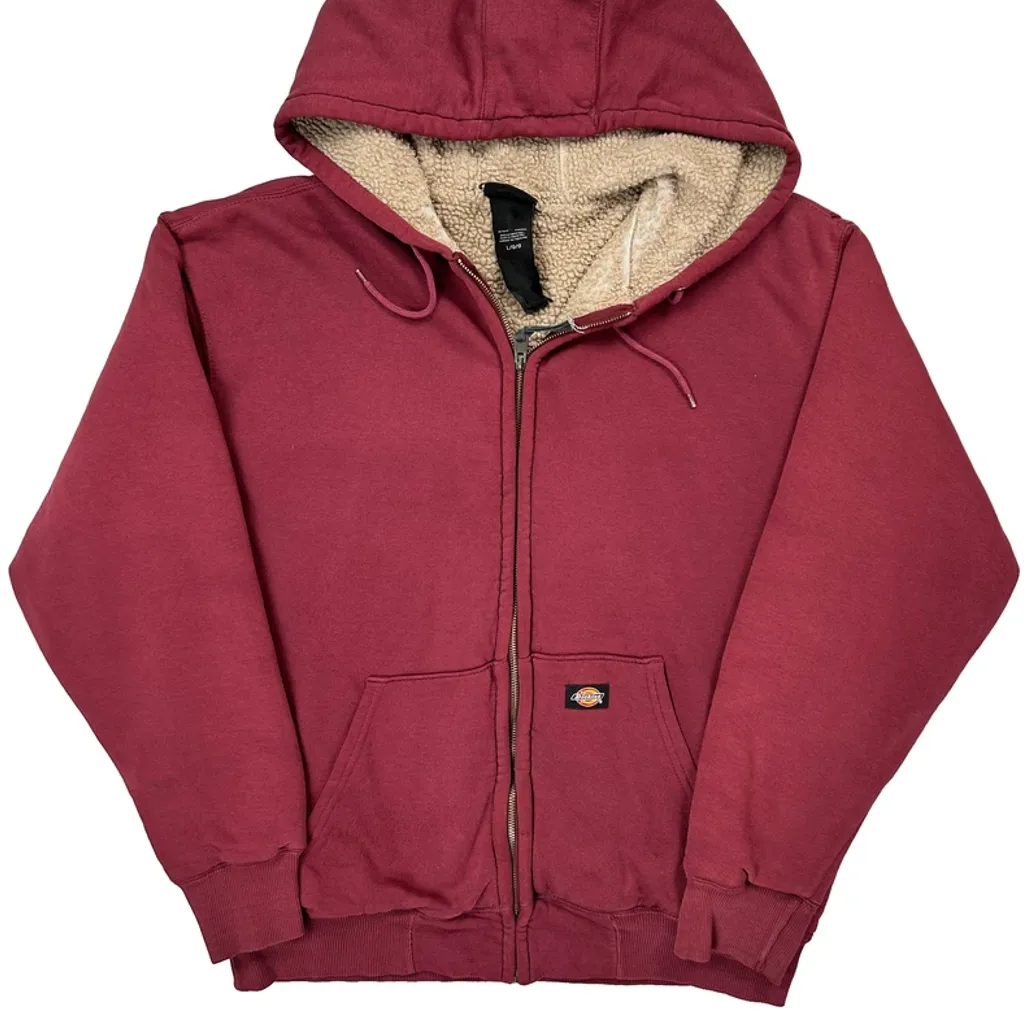 Faded Dickies Full Zip Sherpa Lined Hoodie - Large Red Cotton Blend - Image 4