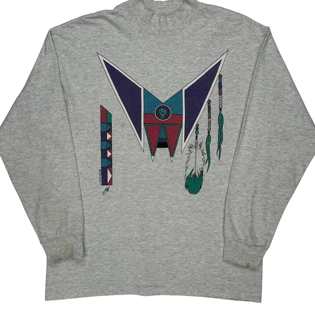 Feather Shield Signal Sports Graphic Aztec Long Sleeve T-Shirt - Large Grey Cotton - Image 4