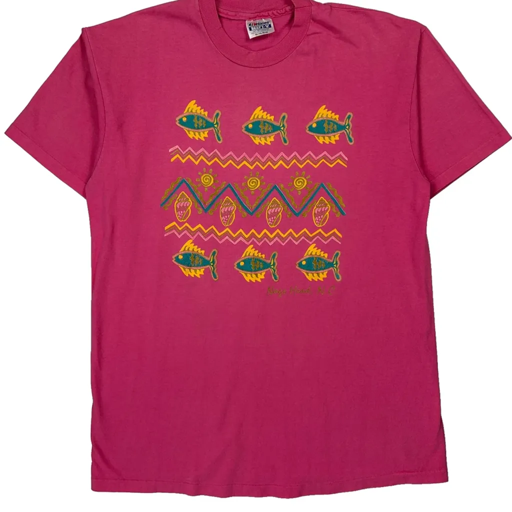 Fish Pattern Hanes Graphic T-Shirt - XL Pink Cotton - Image 4