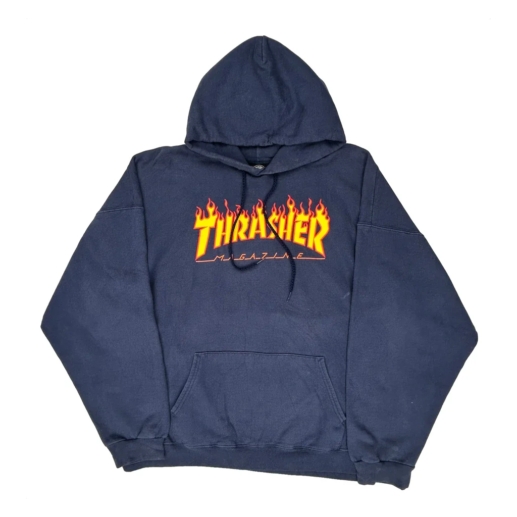 Flame Logo Thrasher Graphic Hoodie - XL Blue Cotton