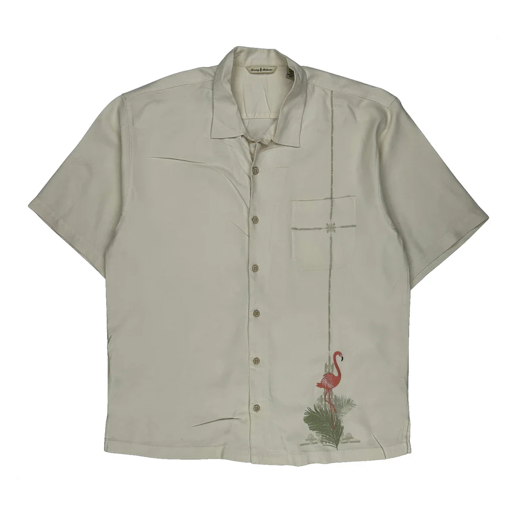 Flamingo Lanes Paradise Nation Tommy Bahama Graphic Hawaiian Shirt - Large Cream Silk