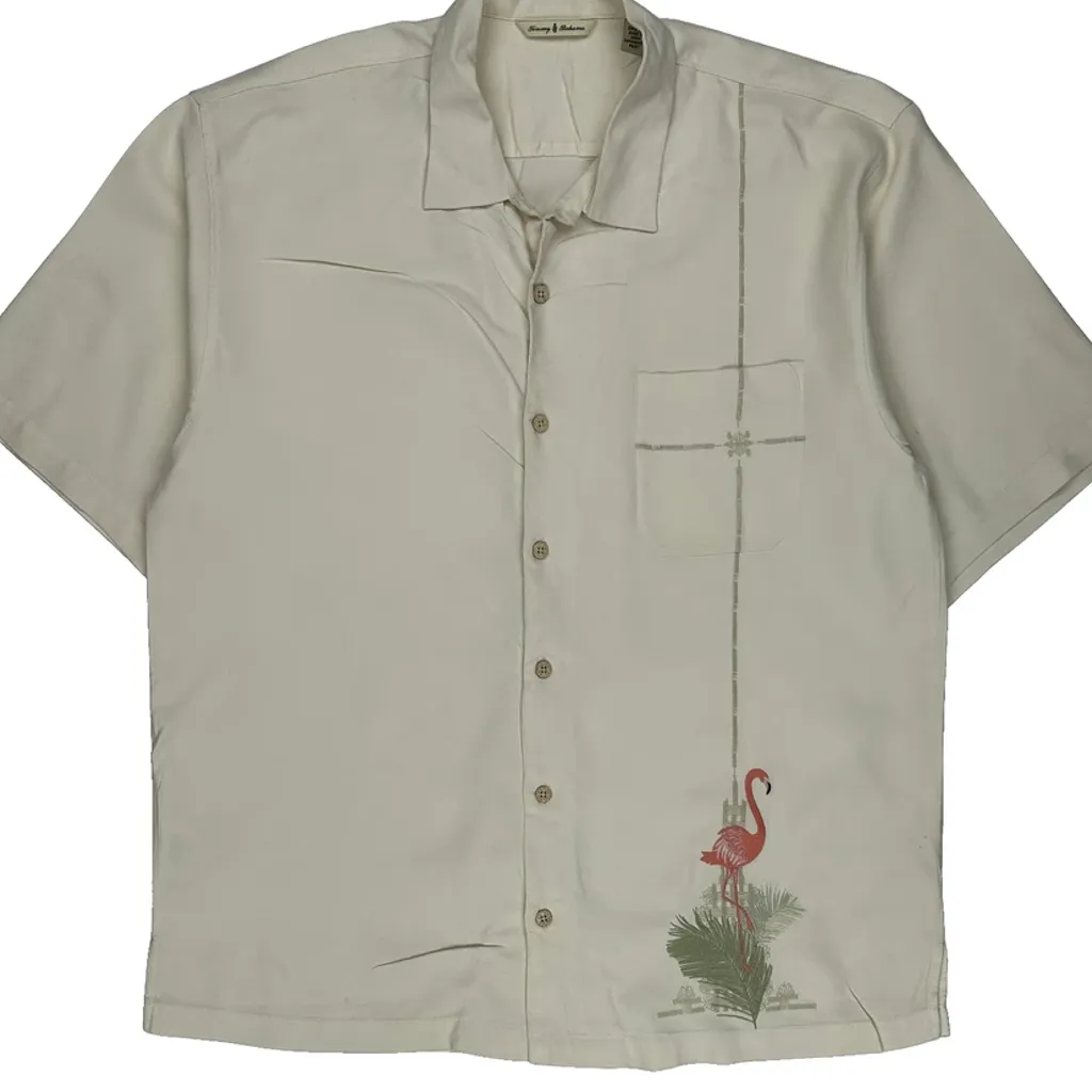 Flamingo Lanes Paradise Nation Tommy Bahama Graphic Hawaiian Shirt - Large Cream Silk - Image 4
