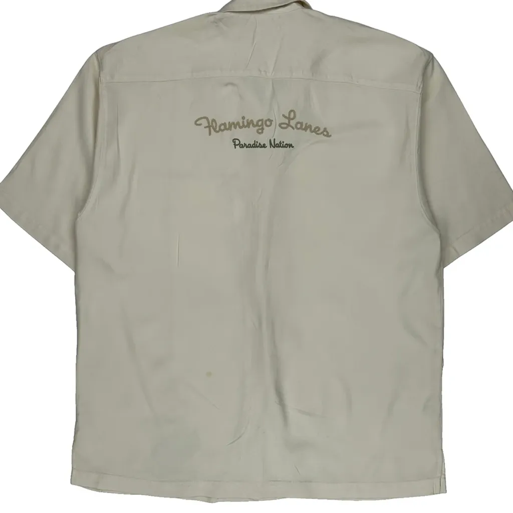 Flamingo Lanes Paradise Nation Tommy Bahama Graphic Hawaiian Shirt - Large Cream Silk - Image 6