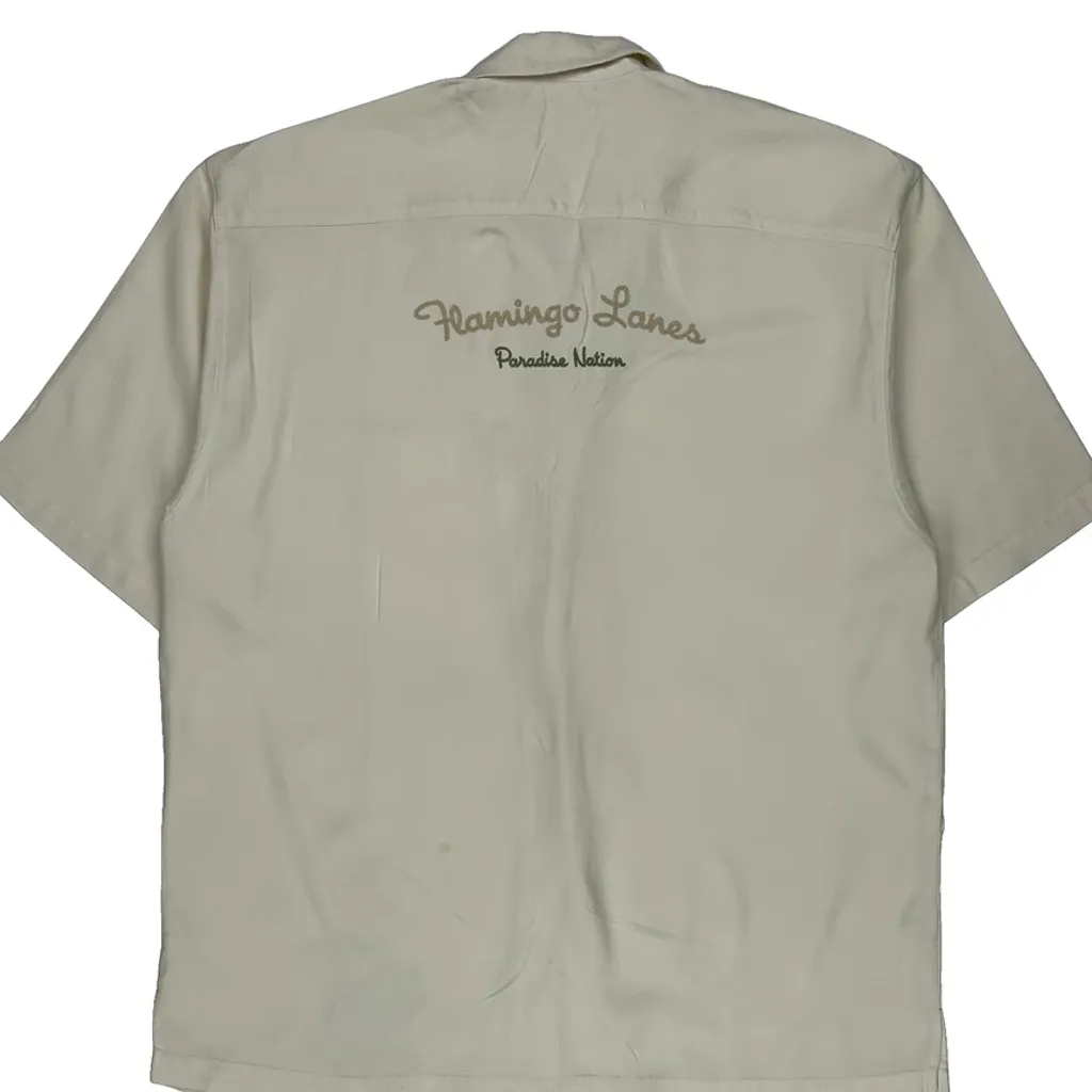 Flamingo Lanes Paradise Nation Tommy Bahama Graphic Hawaiian Shirt - Large Cream Silk - Image 7