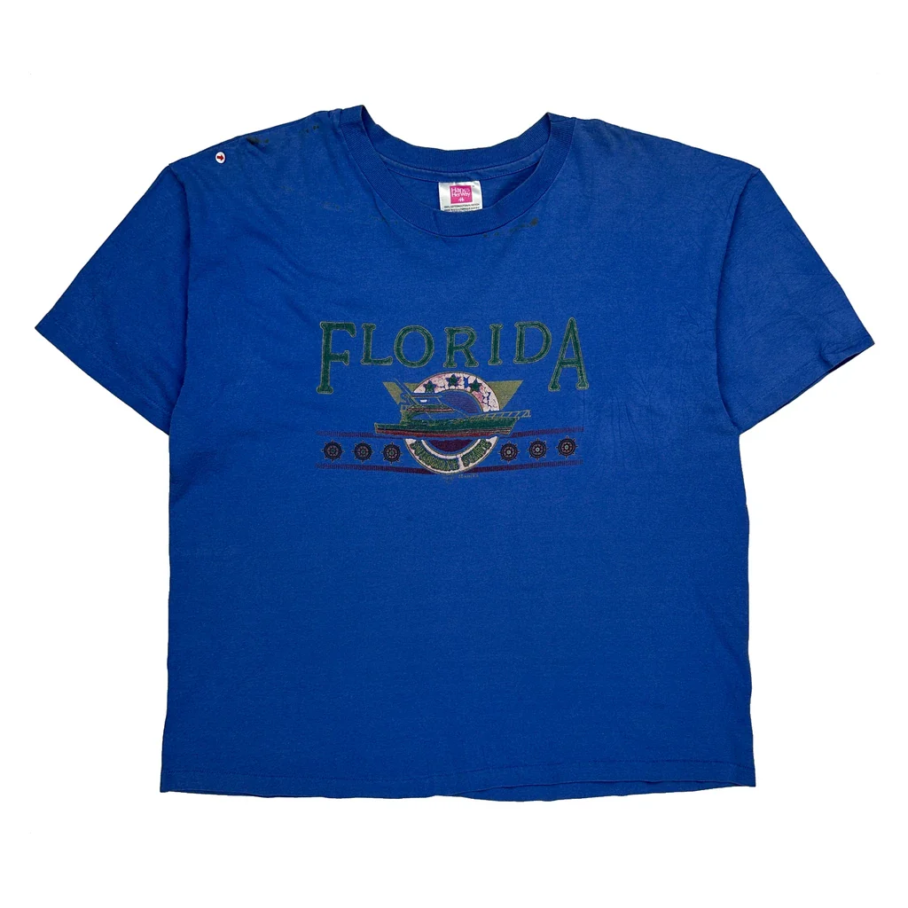 Florida Hanes Single Stitch T-Shirt - Large Blue Cotton - Image 2