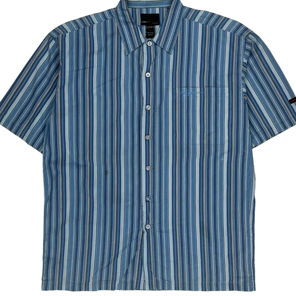Fubu Striped Short Sleeve Shirt - Large Blue Cotton - Image 5