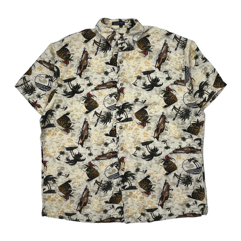 Gant Hawaiian Shirt - Large Cream Linen Blend