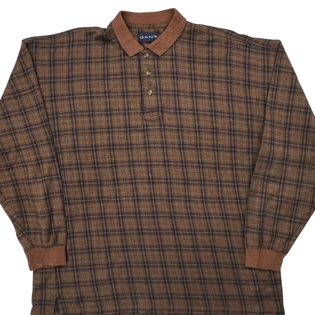 Gant Checked Knitted Polo Shirt - XL Brown Cotton - Image 4