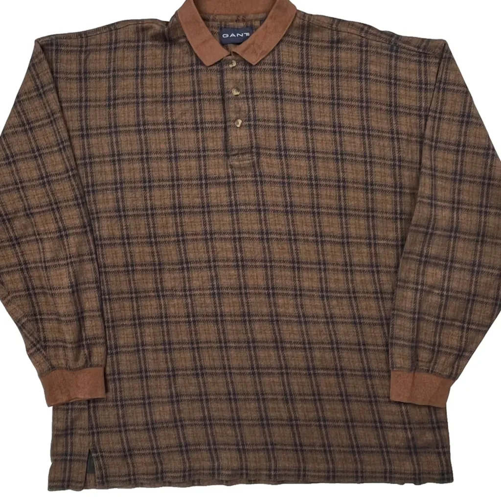 Gant Checked Knitted Polo Shirt - XL Brown Cotton - Image 5