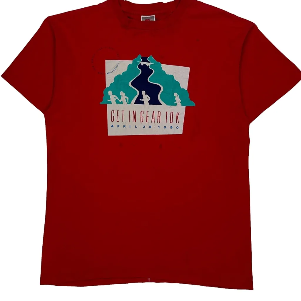 Get In Gear 10K April 28, 1990 Nike Graphic T-Shirt - Large Red Cotton - Image 5