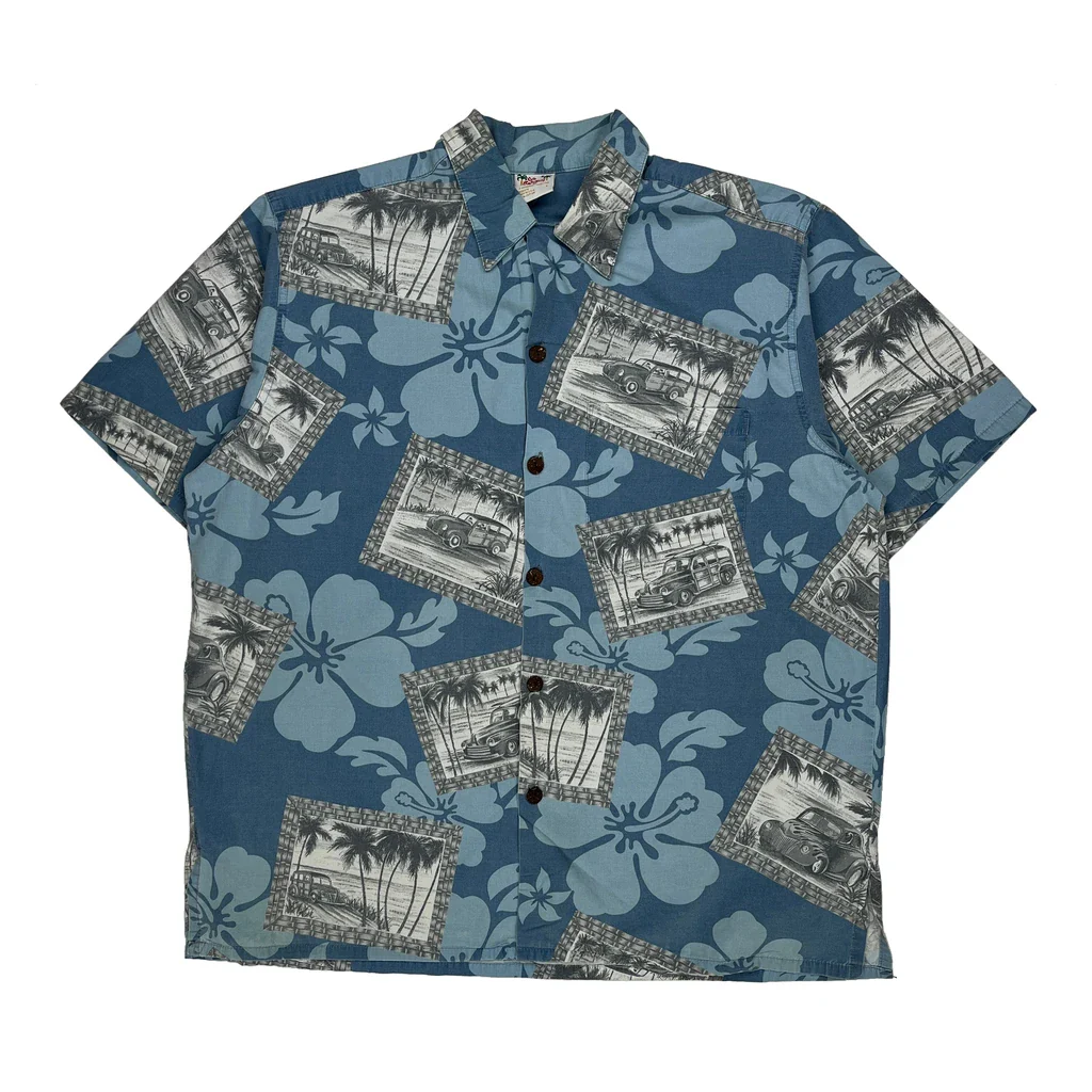 Go Barefoot Hawaiian Shirt - Large Blue Cotton
