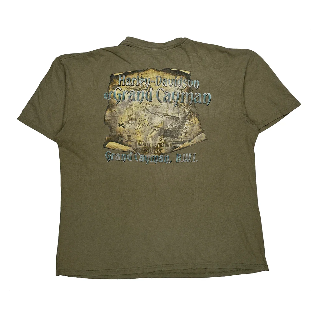 Grand Cayman Harley Davidson Graphic T-Shirt - XL Green Cotton - Image 2