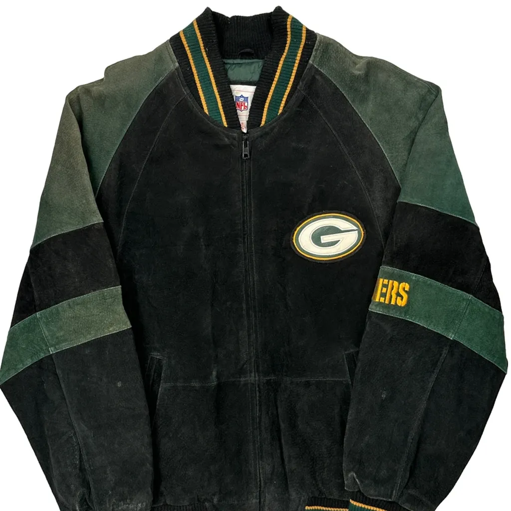 Green Bay Packers Nfl Football Bomber Jacket - Large Black Suede - Image 5