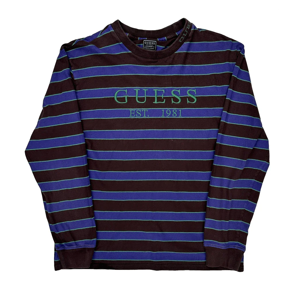 Guess Striped Long Sleeve T-Shirt - Medium Brown Cotton