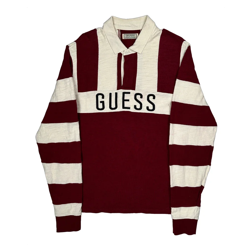 Guess Striped Knitted Rugby Shirt - Medium Burgundy Cotton