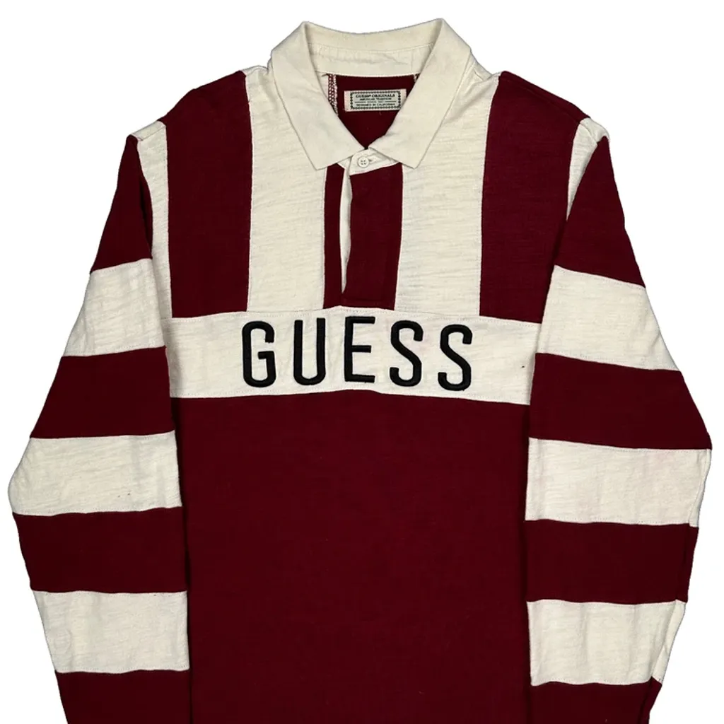 Guess Striped Knitted Rugby Shirt - Medium Burgundy Cotton - Image 6