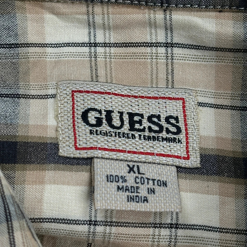 Guess Checked Short Sleeve Shirt - XL Beige Cotton - Image 3