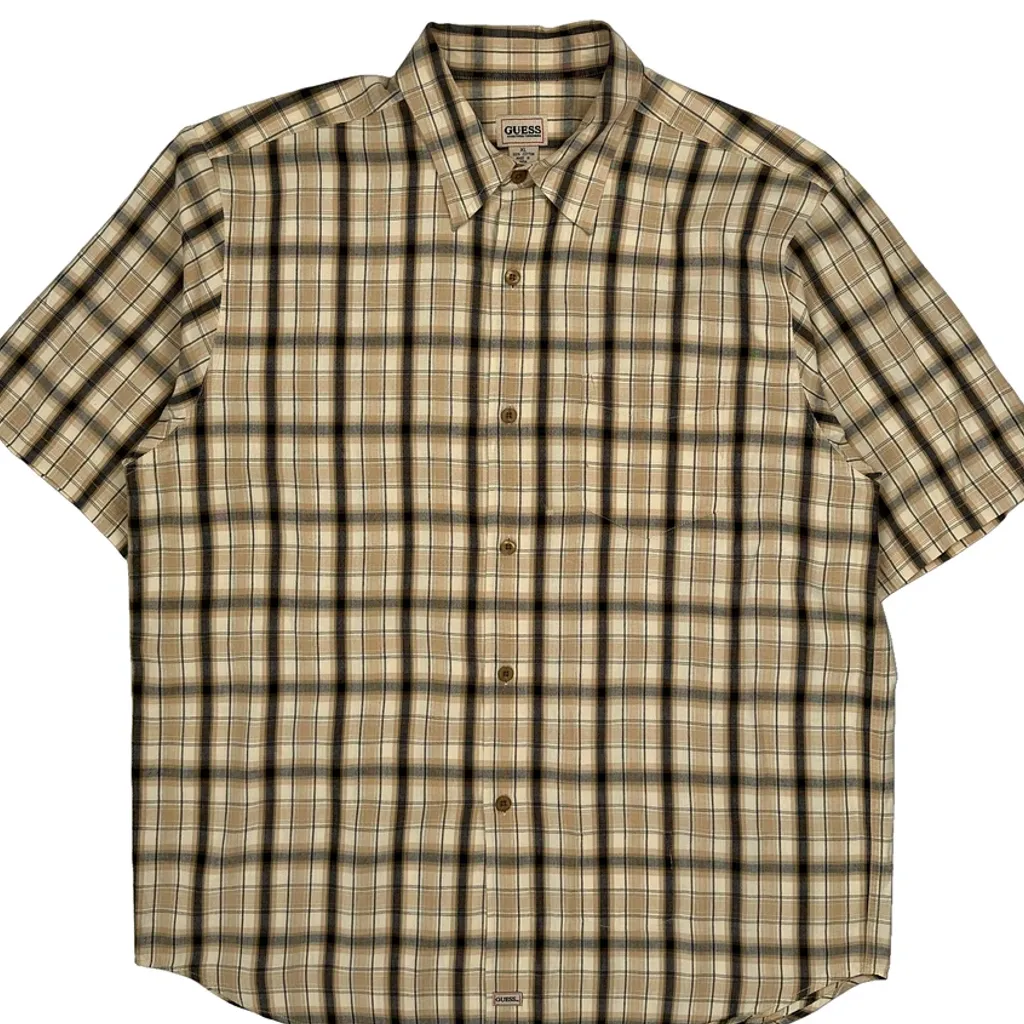 Guess Checked Short Sleeve Shirt - XL Beige Cotton - Image 4