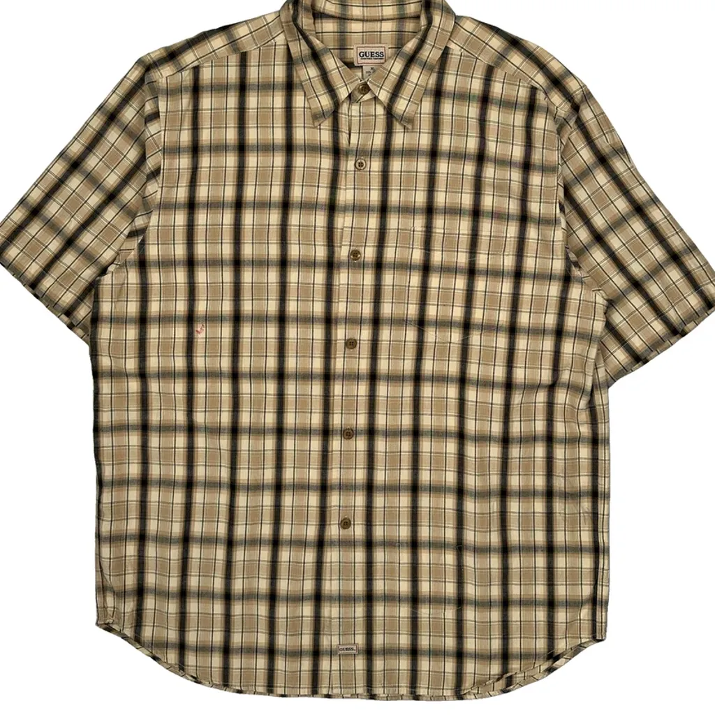 Guess Checked Short Sleeve Shirt - XL Beige Cotton - Image 4