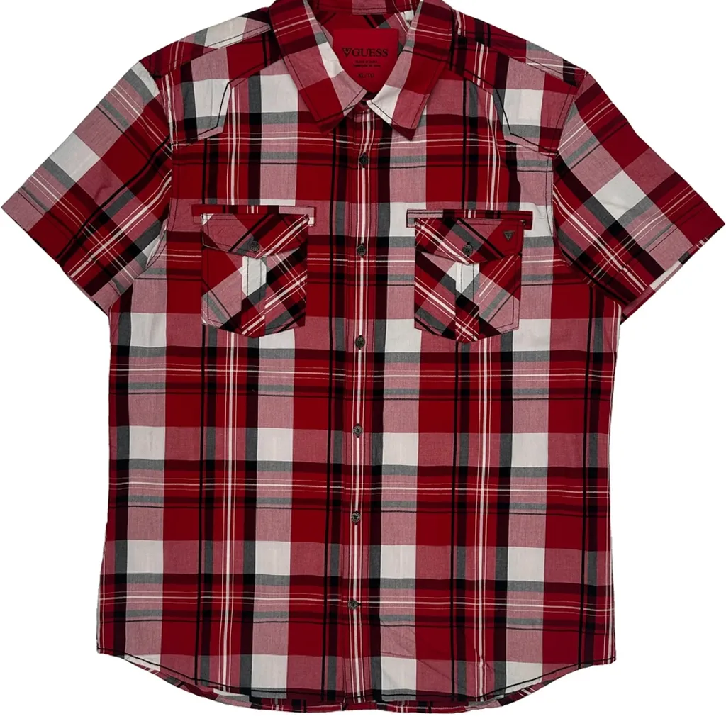 Guess Checked Short Sleeve Shirt - XL Red Cotton - Image 4