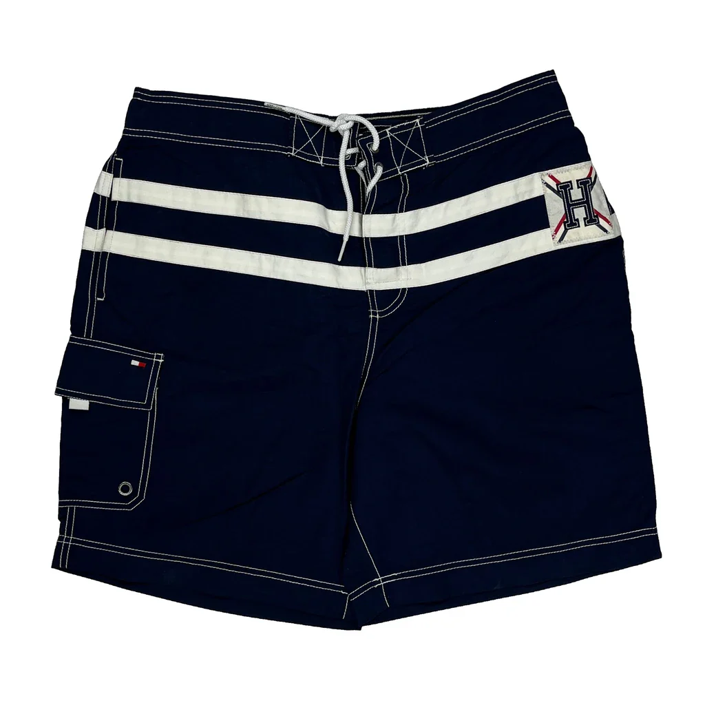 H Logo Tommy Hilfiger Striped Sport Shorts - X-Largew 10L Blue Nylon - Image 2