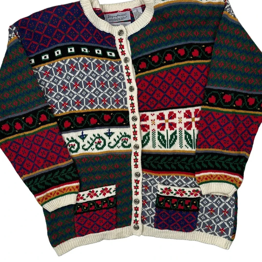 Hand Knit Northern Isles Christmas Cardigan - Large Multicoloured Cotton - Image 5
