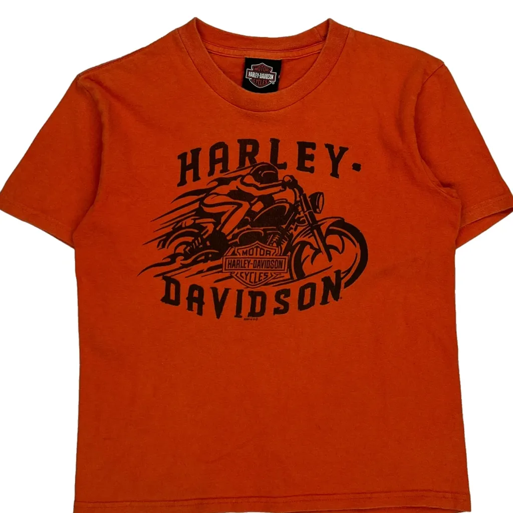 Harbor Town Harley-Davidson, Manitowoc, Wi Harley Davidson Graphic T-Shirt - Medium Orange Cotton - Image 4